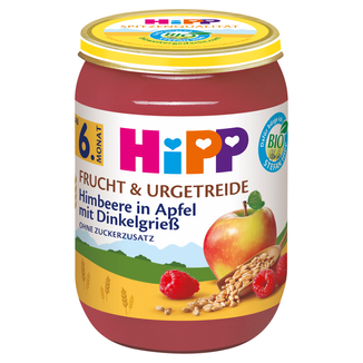HiPP Owoce i Zboża Bio, jabłka i maliny z kleikiem orkiszowym, od 6 miesiąca, 190 g - zdjęcie produktu