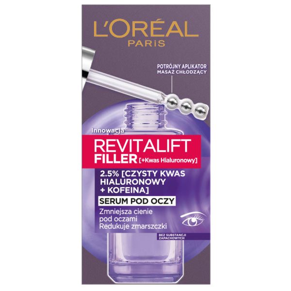 L'Oreal Paris L’Oreal Revitalift Filler, serum pod oczy, 2,5% (czysty kwas hialuronowy + kofeina), 20 ml