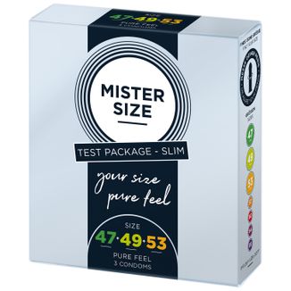 Mister Size, prezerwatywy nawilżane, gładkie, pakiet testowy, 47 mm + 49 mm + 53 mm, 3 sztuki - zdjęcie produktu