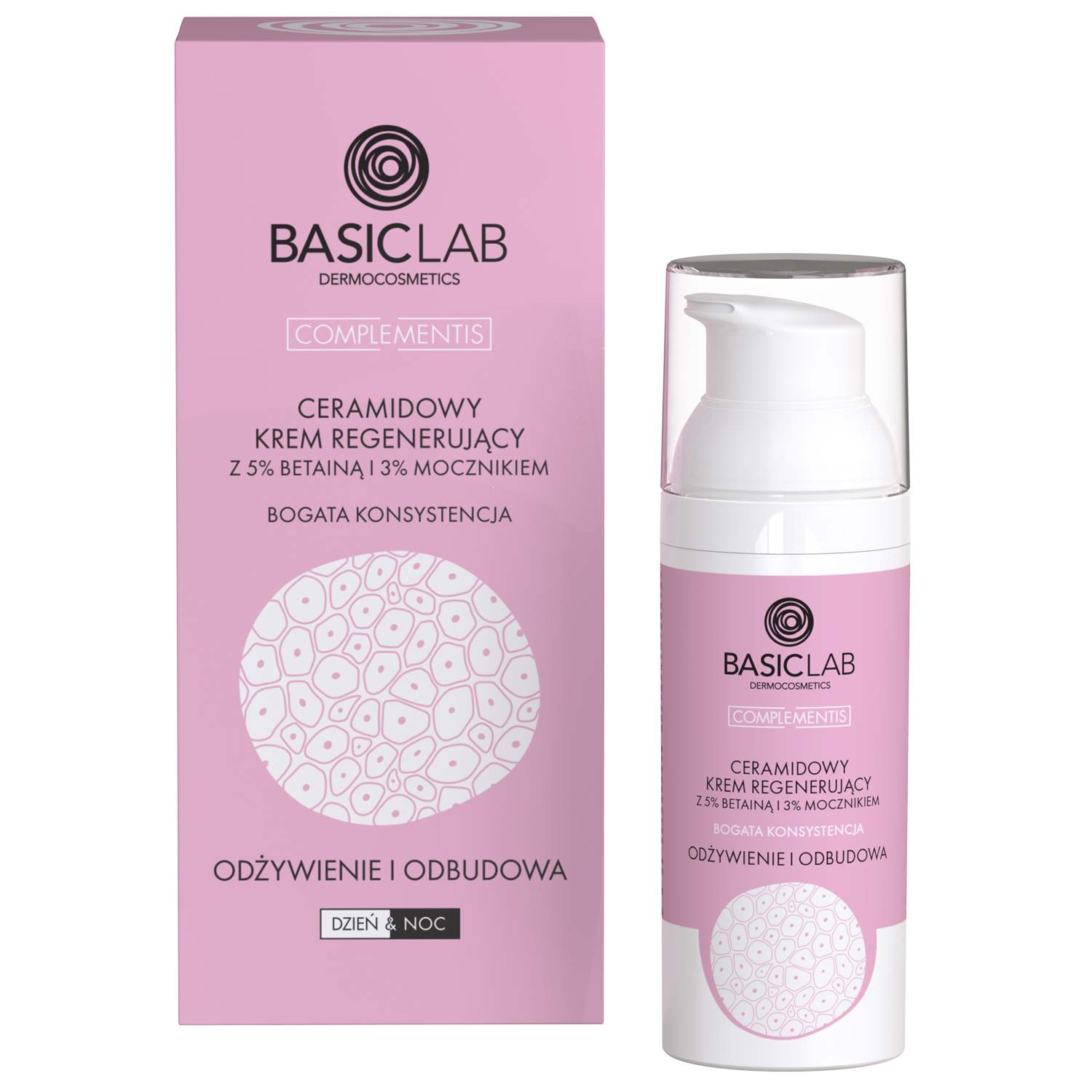 Basiclab BasicLab Complementis, ceramidowy krem regenerujący z betainą 5% i mocznikiem 3%, odżywienie i odbudowa, bogata konsystencja, 50 ml
