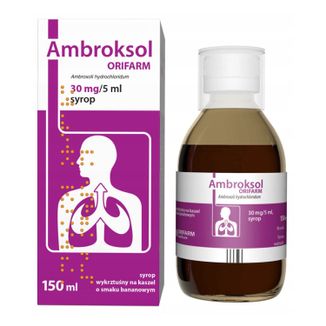 Ambroksol Orifarm 30 mg/5 ml, syrop, smak bananowy, 150 ml - zdjęcie produktu