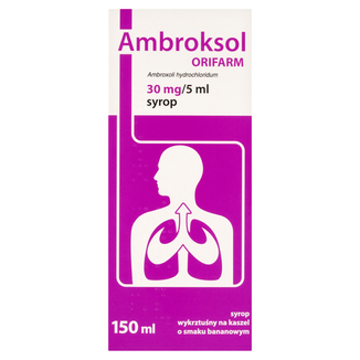 Ambroksol Orifarm 30 mg/5 ml, syrop, smak bananowy, 150 ml - zdjęcie produktu