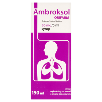 Ambroksol Orifarm 30 mg/5 ml, syrop, smak bananowy, 150 ml - zdjęcie produktu