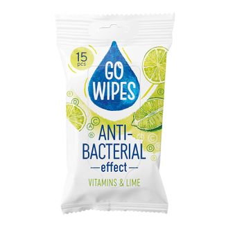 GoWipes, odświeżające chusteczki nawilżane z antybakteryjnym efektem, witaminy i limonka, 15 sztuk - zdjęcie produktu