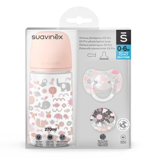 Zestaw Suavinex SX Pro Memories różowy, butelka ze smoczkiem o średnim przepływie, od 3 miesiąca, 270 ml + smoczek uspokajający, 0-6 miesięcy + klips z łańcuszkiem - zdjęcie produktu