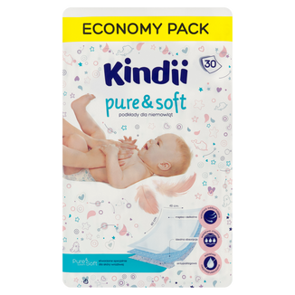 Kindii Pure & Soft, podkłady dla niemowląt, jednorazowe, 60 cm x 40 cm, 30 sztuk Kindii Pure & Soft, podkłady dla niemowląt, jednorazowe, 60 cm x 40 cm, 30 sztuk - zdjęcie produktu