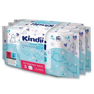 Kindii Pure Water 99%, chusteczki nawilżane dla niemowląt i dzieci, 3 x 60 sztuk USZKODZONE OPAKOWANIE - zdjęcie produktu