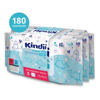 Kindii Pure Water 99%, chusteczki nawilżane dla niemowląt i dzieci, 3 x 60 sztuk - zdjęcie produktu