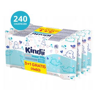 Kindii Pure Water 99%, chusteczki nawilżane dla niemowląt i dzieci, 3 x 60 sztuk + 60 sztuk gratis - zdjęcie produktu
