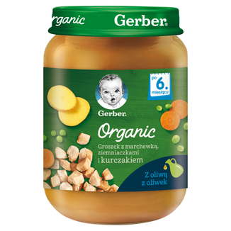 Gerber Organic Obiadek, groszek z marchewką, ziemniaczkami i kurczakiem, po 6 miesiącu, 190 g - zdjęcie produktu