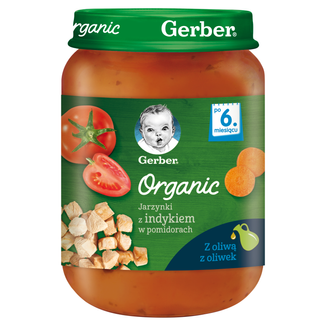 Gerber Organic Obiadek, jarzynki z indykiem w pomidorach, po 6 miesiącu, 190 g - zdjęcie produktu