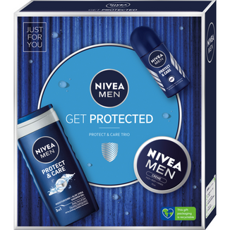 Zestaw Nivea Men Get Protected, żel pod prysznic 3w1, 250 ml + antyperspirant roll-on, 50 ml + krem do ciała, twarzy i rąk, 75 ml  - zdjęcie produktu