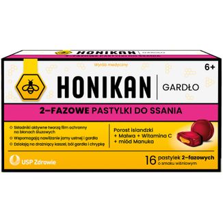 Honikan Gardło, 2-fazowe pastylki do ssania dla dzieci od 6 lat i dorosłych, smak wiśniowy, 16 sztuk - zdjęcie produktu