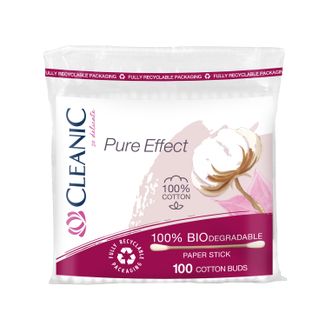 Cleanic Pure Effect, biodegradowalne patyczki higieniczne, 100% bawełny, w folii, 100 sztuk - zdjęcie produktu