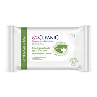Cleanic Antibacterial, odświeżające chusteczki nawilżane, biodegradowalne, 15 sztuk - zdjęcie produktu
