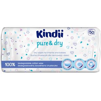 Kindii Pure&Dry, suche chusteczki dla niemowląt i dzieci, biodegradowalne, 50 sztuk - zdjęcie produktu