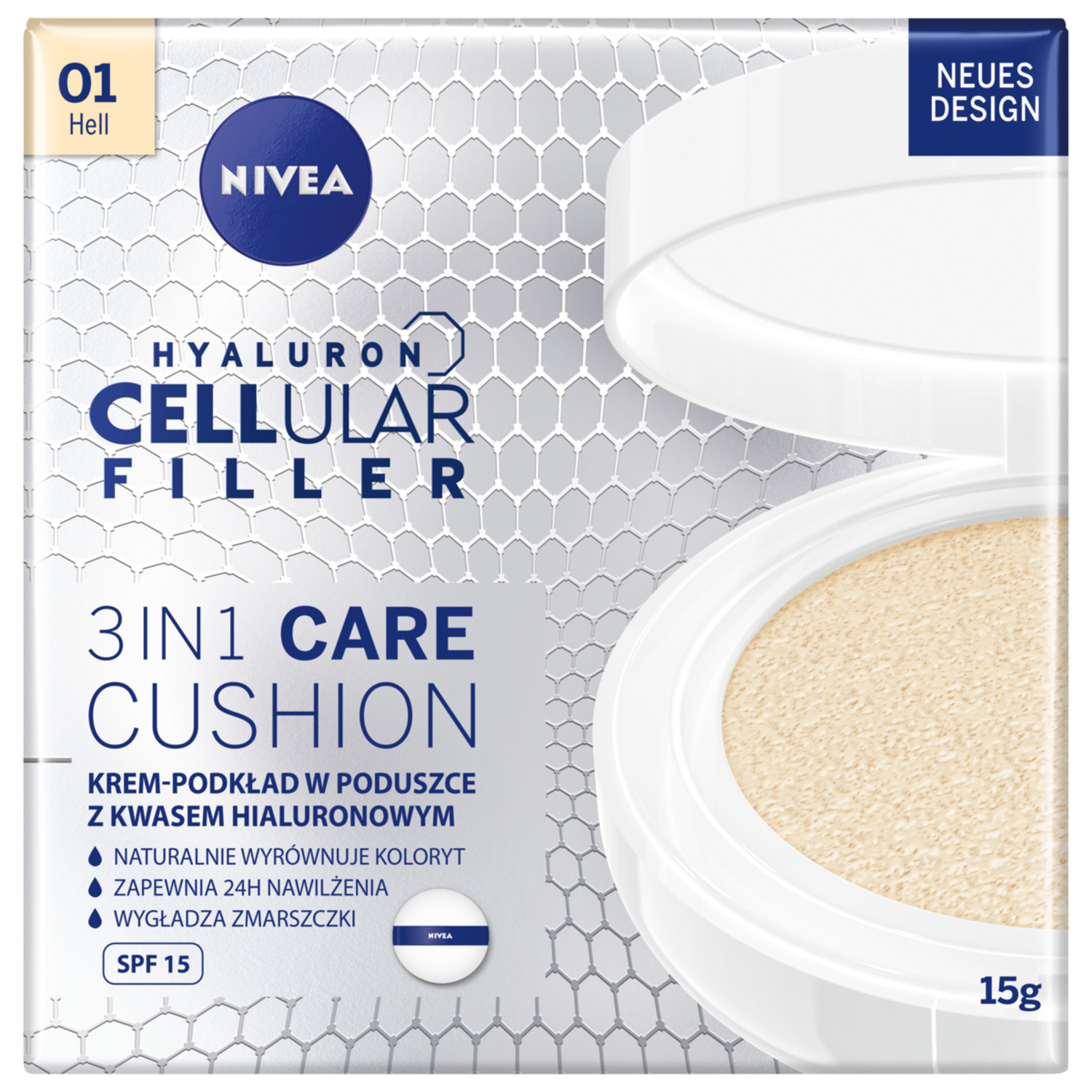 Nivea Nivea Cellular Hyaluron Filler 3w1 Care Cushion, przeciwzmarszczkowy krem-podkład w poduszce, 01 jasny, SPF 15, 15 g