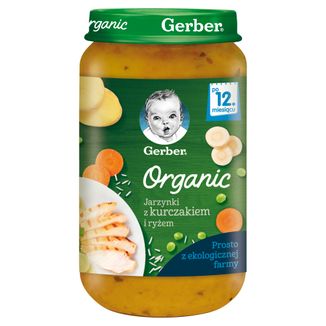Gerber Organic Obiadek, jarzynki z kurczakiem i ryżem, po 12 miesiącu, 250 g - zdjęcie produktu
