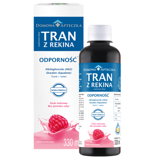 Tran z Rekina, dla dzieci powyżej 3 lat i dorosłych, smak malinowy, 330 ml USZKODZONE OPAKOWANIE Tran z Rekina, dla dzieci powyżej 3 lat i dorosłych, smak malinowy, 330 ml USZKODZONE OPAKOWANIE - zdjęcie produktu