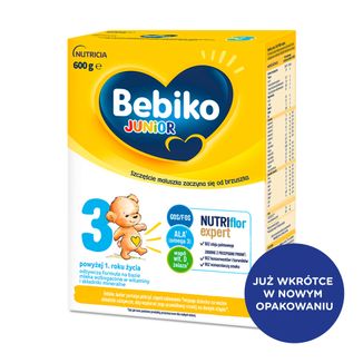 Bebiko Junior 3 Nutriflor Expert, odżywcza formuła na bazie mleka, powyżej 1 roku, 600 g USZKODZONE OPAKOWANIE - zdjęcie produktu