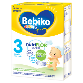 Bebiko Junior 3 Nutriflor Expert, odżywcza formuła na bazie mleka, powyżej 1 roku, 600 g USZKODZONE OPAKOWANIE - zdjęcie produktu