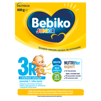 Bebiko Junior 3R Nutriflor Expert, odżywcza formuła na bazie mleka z kleikiem ryżowym, powyżej 1 roku, 600 g USZKODZONE OPAKOWANIE - zdjęcie produktu