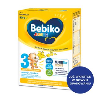 Bebiko Junior 3 Nutriflor Expert, odżywcza formuła na bazie mleka, powyżej 1 roku, smak waniliowy, 600 g USZKODZONE OPAKOWANIE - zdjęcie produktu