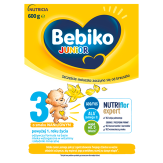 Bebiko Junior 3 Nutriflor Expert, odżywcza formuła na bazie mleka, powyżej 1 roku, smak waniliowy, 600 g - zdjęcie produktu