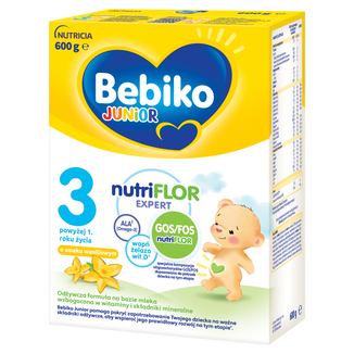 Bebiko Junior 3 Nutriflor Expert, odżywcza formuła na bazie mleka, powyżej 1 roku, smak waniliowy, 600 g - zdjęcie produktu