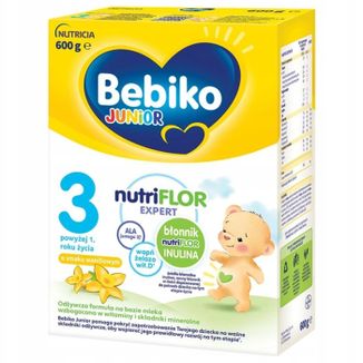 Bebiko Junior 3 Nutriflor Expert, odżywcza formuła na bazie mleka, powyżej 1 roku, smak waniliowy, 600 g Bebiko Junior 3 Nutriflor Expert, odżywcza formuła na bazie mleka, powyżej 1 roku, smak waniliowy, 600 g - zdjęcie produktu
