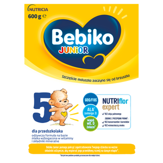 Bebiko Junior 5 Nutriflor Expert, odżywcza formuła na bazie mleka, dla przedszkolaka, 600 g USZKODZONE OPAKOWANIE - zdjęcie produktu