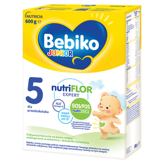 Bebiko Junior 5 Nutriflor Expert, odżywcza formuła na bazie mleka, dla przedszkolaka, 600 g USZKODZONE OPAKOWANIE - zdjęcie produktu