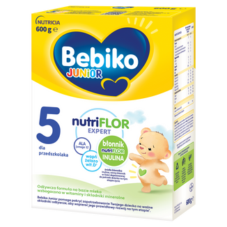 Bebiko Junior 5 Nutriflor Expert, odżywcza formuła na bazie mleka, dla przedszkolaka, 600 g USZKODZONE OPAKOWANIE - zdjęcie produktu
