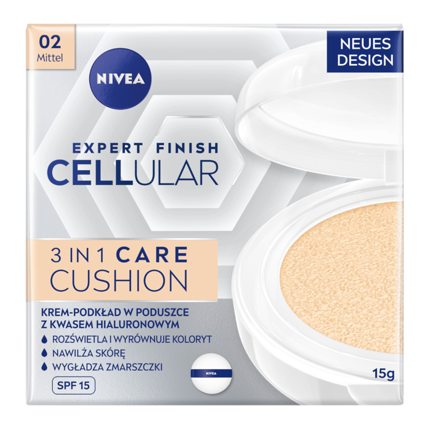 Nivea Nivea Cellular Expert Finish 3w1 Care Cushion, przeciwzmarszczkowy krem-podkład w poduszce, 02 naturalny, SPF 15, 15 g