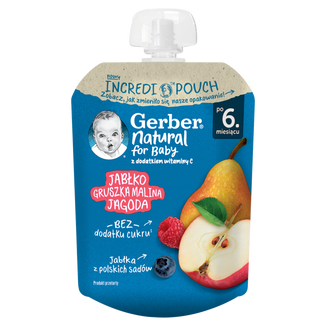 Gerber Deser w tubce, jabłko, gruszka, malina, jagoda, po 6 miesiącu, 80 g KRÓTKA DATA - zdjęcie produktu