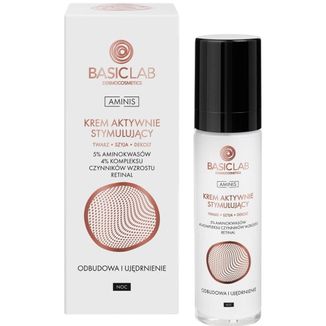 BasicLab Aminis, krem aktywnie stymulujący do twarzy, szyi i dekoltu na noc, z aminokwasami 5%, odbudowa i ujędrnienie, 50 ml - zdjęcie produktu