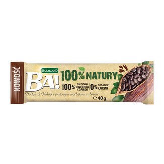 Bakalland BA! 100% Natury Baton owocowy, Daktyle i Kakao z prażonymi arachidami i zbożem, bez dodatku cukru, 40 g - zdjęcie produktu