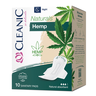 Cleanic Naturals Hemp, podpaski higieniczne z bawełną organiczną i włóknami konopi, ze skrzydełkami, Night, 10 sztuk - zdjęcie produktu