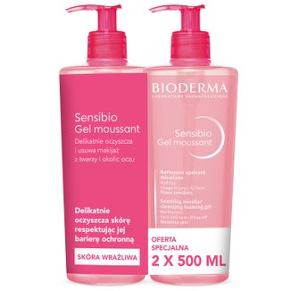 Bioderma Sensibio Gel Moussant, łagodzący żel micelarny do mycia twarzy, skóra wrażliwa i nadwrażliwa, 2 x 500 ml USZKODZONE OPAKOWANIE - zdjęcie produktu