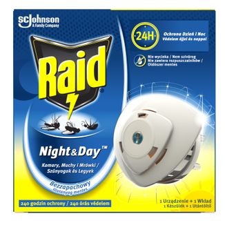 Raid Night & Day Komary, muchy i mrówki, elektrofumigator owadobójczy z wymiennym wkładem USZKODZONE OPAKOWANIE Raid Night & Day Komary, muchy i mrówki, elektrofumigator owadobójczy z wymiennym wkładem USZKODZONE OPAKOWANIE - zdjęcie produktu