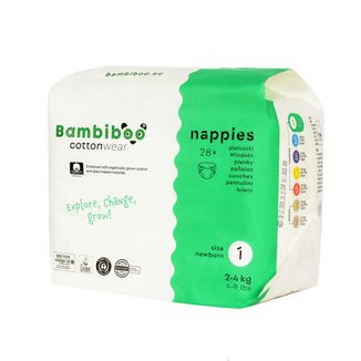 Bambiboo Cottonwear, pieluchy jednorazowe ekologiczne, z bawełną organiczną, Newborn, rozmiar 1, 2-4 kg, 28 sztuk - zdjęcie produktu
