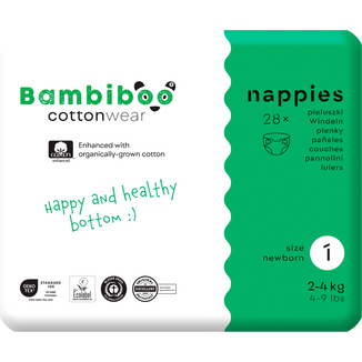 Bambiboo Cottonwear, pieluchy jednorazowe ekologiczne, z bawełną organiczną, Newborn, rozmiar 1, 2-4 kg, 28 sztuk - zdjęcie produktu