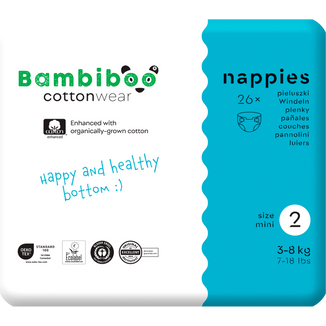 Bambiboo Cottonwear, pieluchy jednorazowe ekologiczne, z bawełną organiczną, Mini, rozmiar 2, 3-8 kg, 26 sztuk - zdjęcie produktu