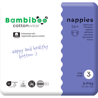 Bambiboo Cottonwear, pieluchy jednorazowe ekologiczne, z bawełną organiczną, Midi, rozmiar 3, 6-11 kg, 26 sztuk - zdjęcie produktu