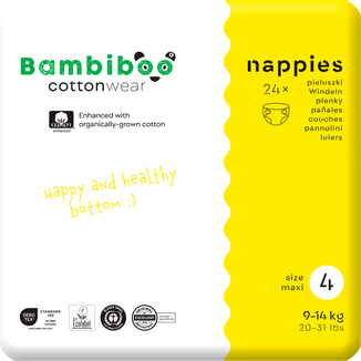 Bambiboo Cottonwear, pieluchy jednorazowe ekologiczne, z bawełną organiczną, Maxi, rozmiar 4, 9-14 kg, 24 sztuki - zdjęcie produktu