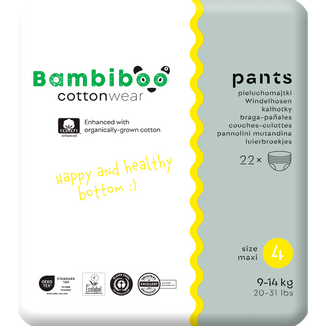 Bambiboo Cottonwear, pieluchomajtki jednorazowe ekologiczne, z bawełną organiczną, Maxi, rozmiar 4, 9-14 kg, 22 sztuki - zdjęcie produktu