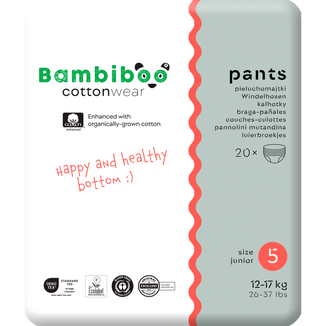 Bambiboo Cottonwear, pieluchomajtki jednorazowe ekologiczne, z bawełną organiczną, Junior, rozmiar 5, 12-17 kg, 20 sztuk - zdjęcie produktu