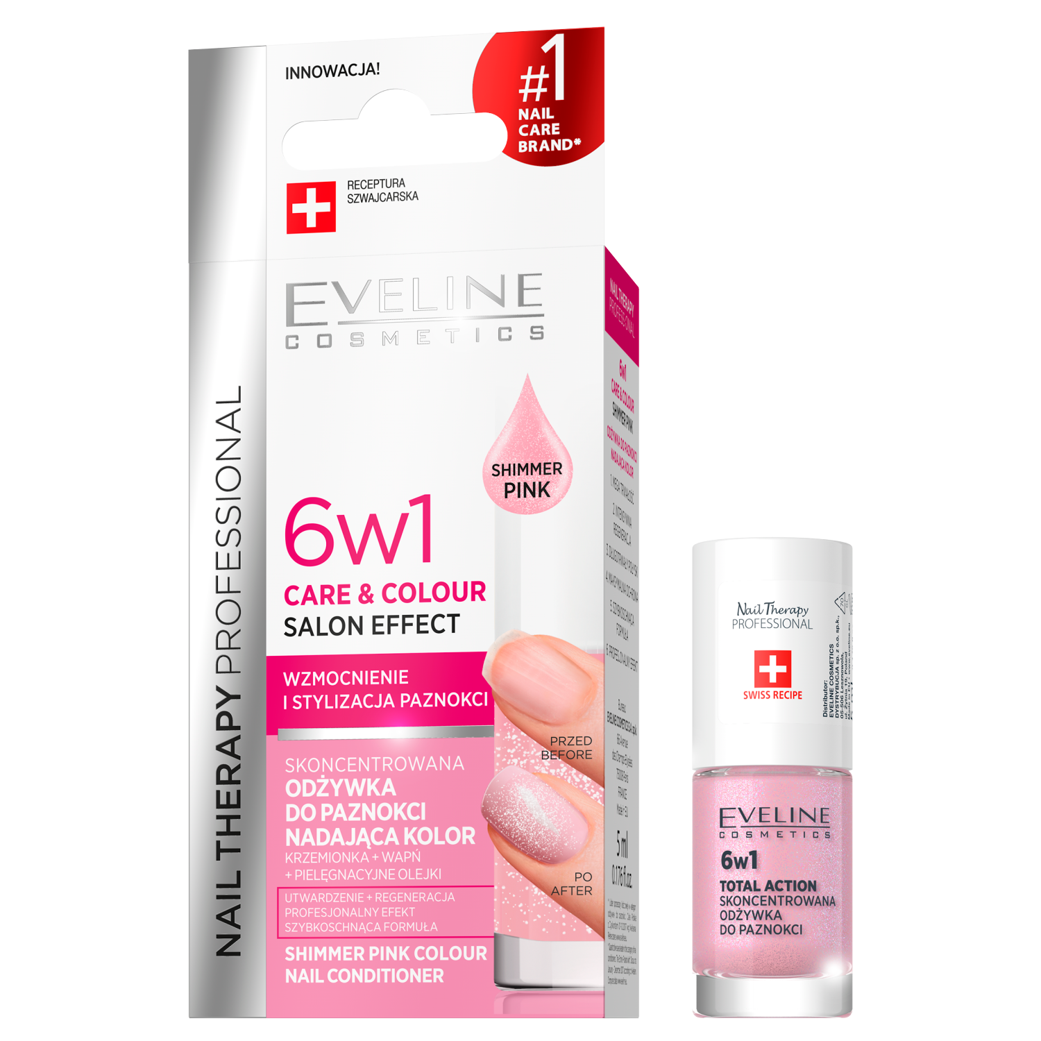 Nieznana Eveline Cosmetics Nail Therapy 6w1, skoncentrowana odżywka do paznokci nadająca kolor, Shimmer Pink, 5 ml