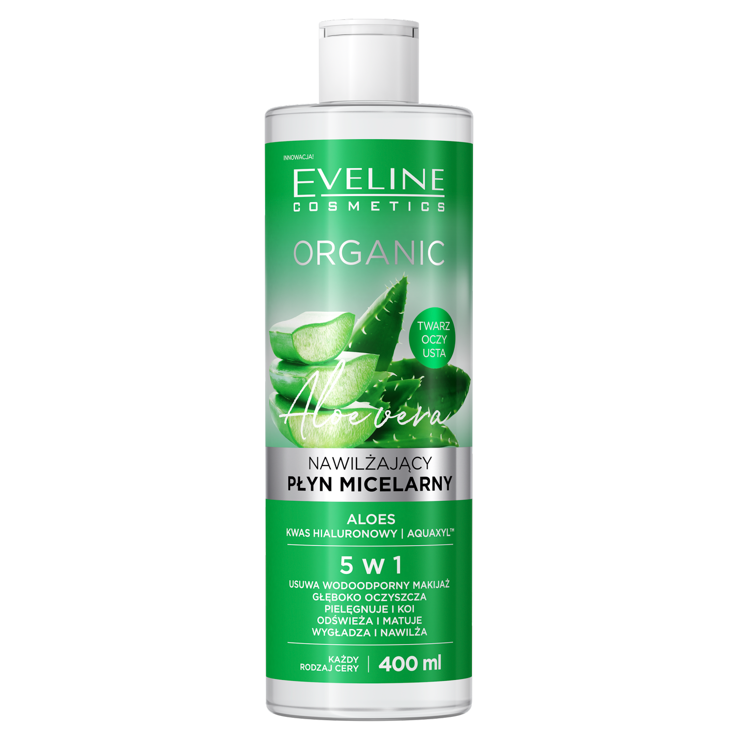 Nieznana Eveline Cosmetics Organic, feuchtigkeitsspendend Mizellenwasser 5w1, Aloe Vera, 400 ml — Inhaltsstoffe und Bewertung