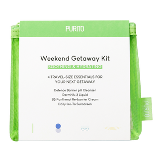Zestaw Purito Weekend Getaway, łagodny żel myjący, 30 ml + toner nawadniająco-łagodzący, 20 ml + krem nawilżający, 15 ml + krem przeciwsłoneczny, SPF 50+, 15 ml + kosmetyczka - zdjęcie produktu